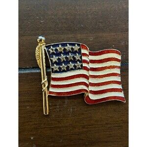 Vintage American Flag Enamel Gold Tone Brooch